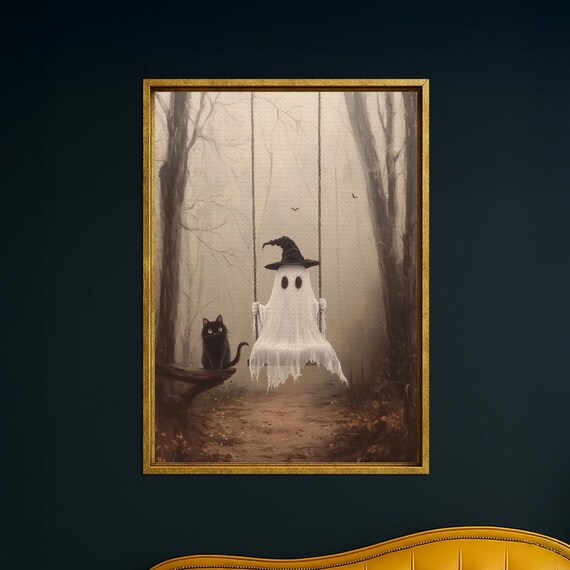 Whimsical And Black Cat Halloween Canvas Art
