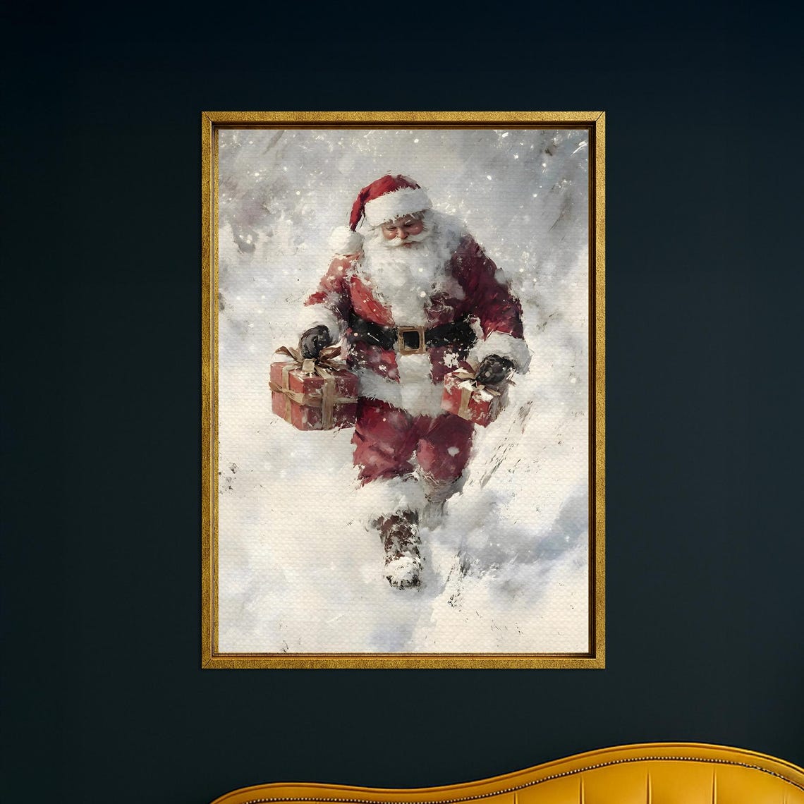 Vintage Santa Carrying Gifts Through Falling Snow Painting Poster