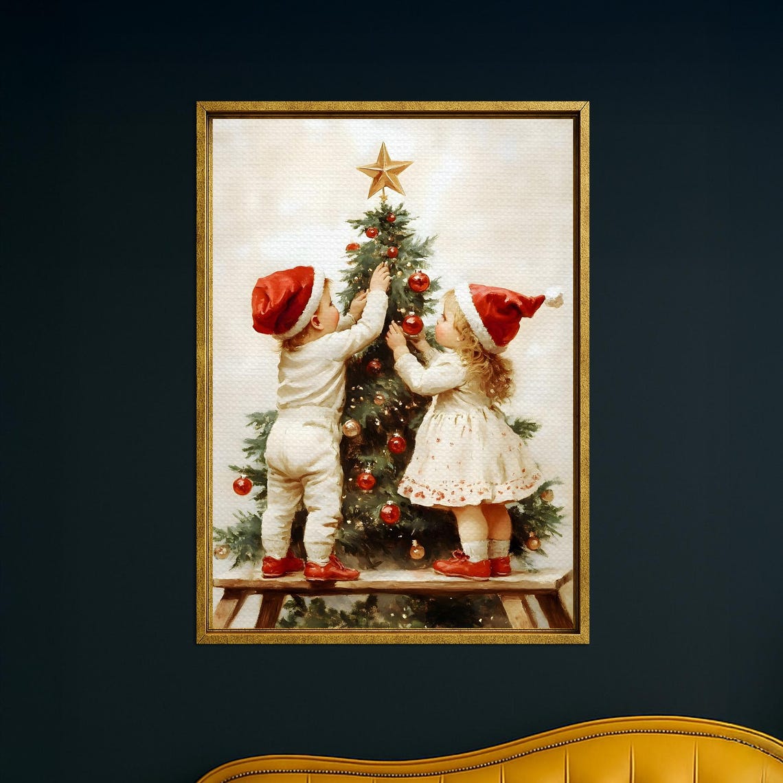 Vintage Christmas Children Decorating Tree With Star Topper Poster