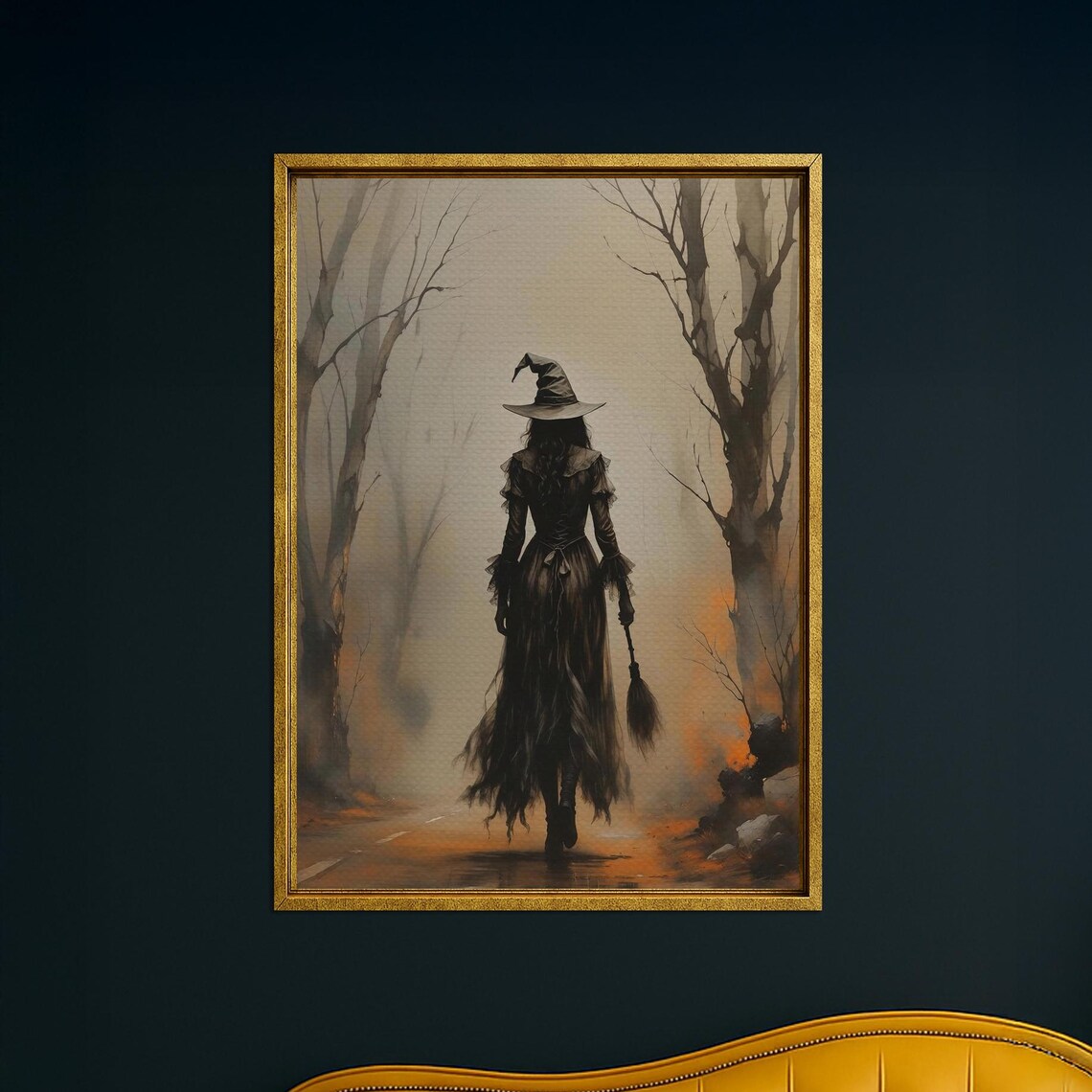 Witch In Foggy Forest Halloween Canvas Spooky Dark Wall Art Decor