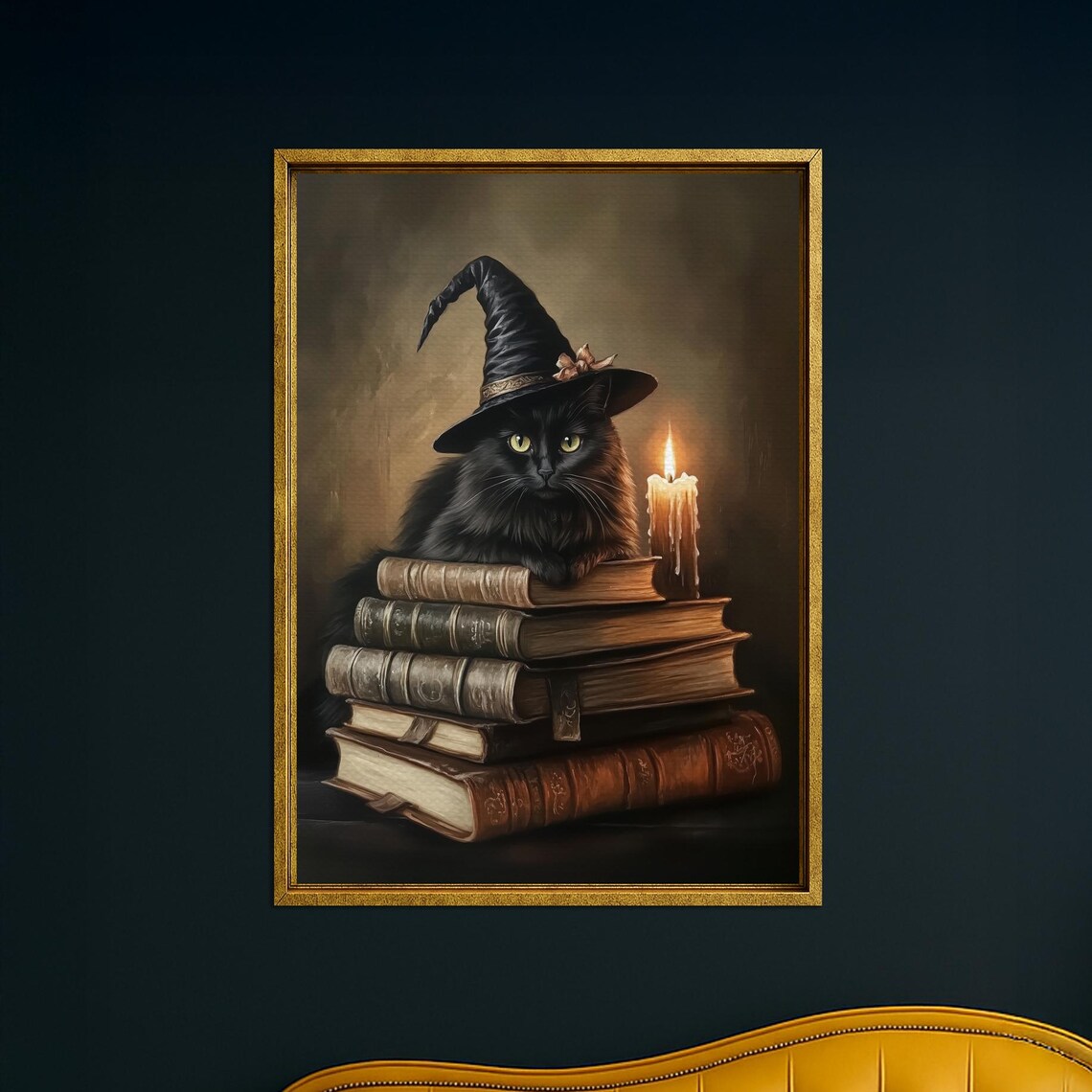 Black Cat With Witch Hat And Books Spooky Halloween Wall Art Decor