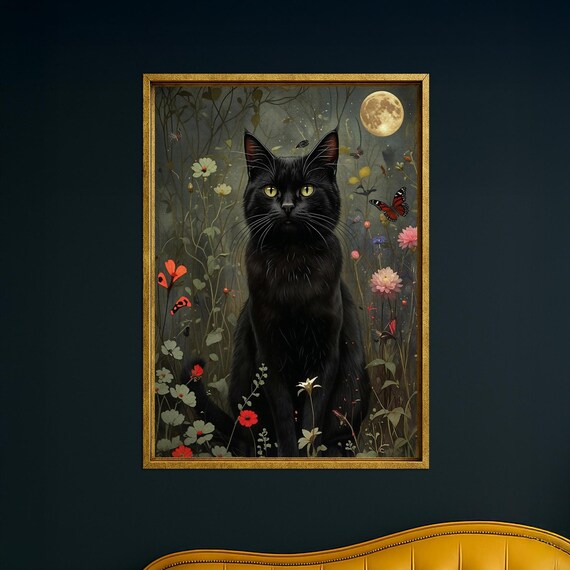 Black Cat Halloween Wall Art Spooky Witchy Decor Full Moon Garden Print