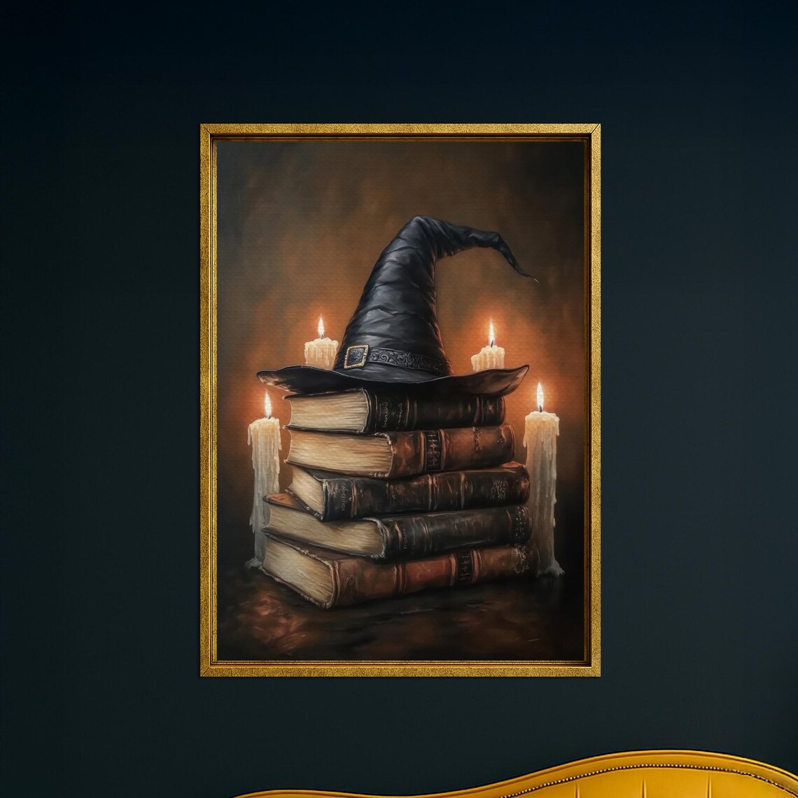Witch Hat And Spell Books Wall Art Gothic Candle Halloween Canvas
