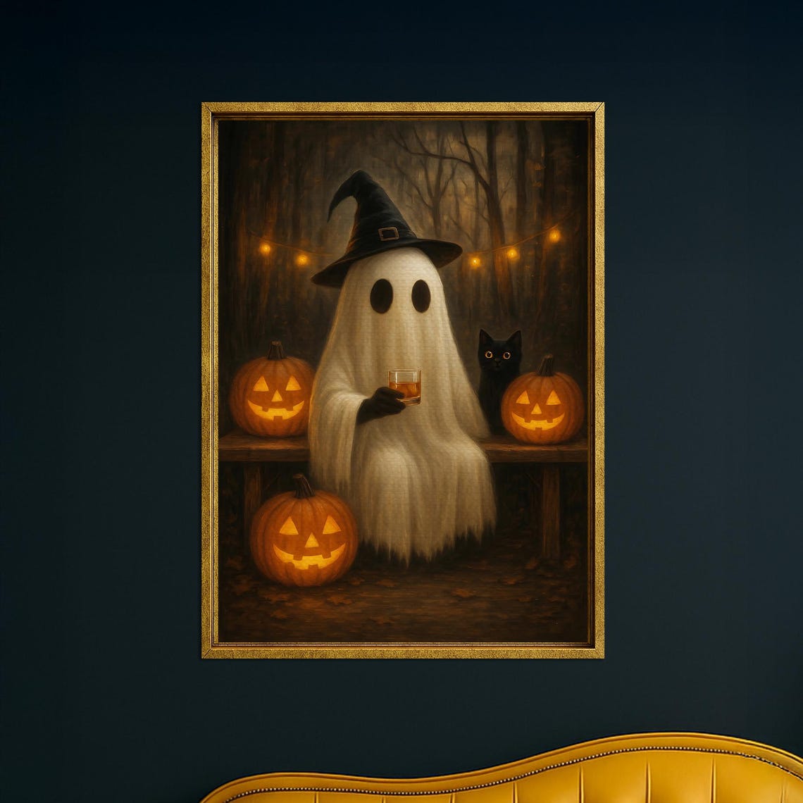 Cute Ghost in Witch Hat Holding Whiskey Funny Halloween Poster