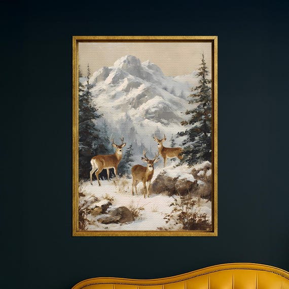 Winter Deer Forest Wall Art Majestic Bucks In Snowy Mountain Landscape Rustic Cabin Nature Canvas Print For Cozy Home Decor