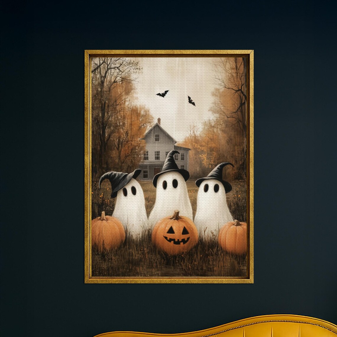 Halloween Canvas Art Witch Hat Trio Spooky Pumpkin Decor