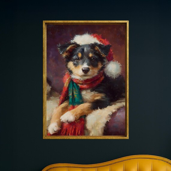 Cute Puppy In Santa Hat And Scarf Painted Christmas Dog Poster