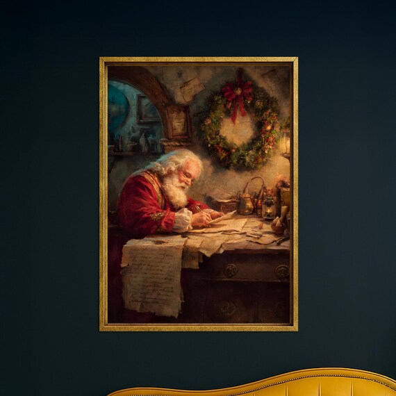 Santa Reading Letters at Desk Cozy Vintage Christmas Workshop Poster