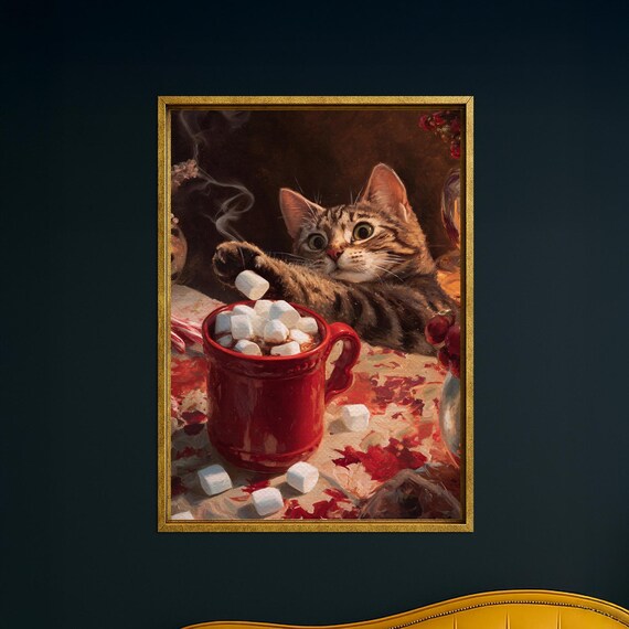 Funny Christmas Cat Framed Canvas Wall Art Cute Kitten With Hot Cocoa Cozy Holiday Kitchen Print Festive Pet Lover Winter Decor