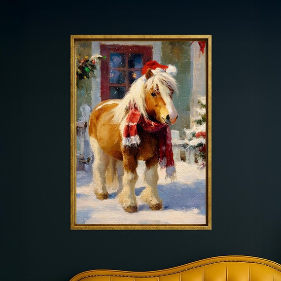 Miniature Horse In Santa Hat And Scarf Snowy Christmas Pony Poster