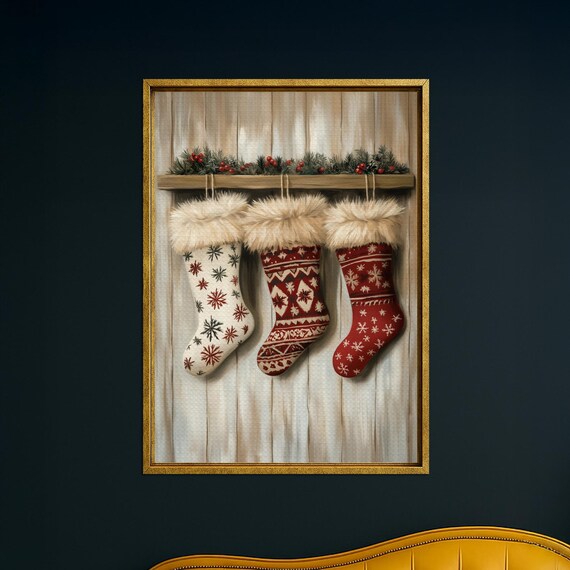 Rustic Christmas Stockings On Wooden Shelf Farmhouse Style Poster