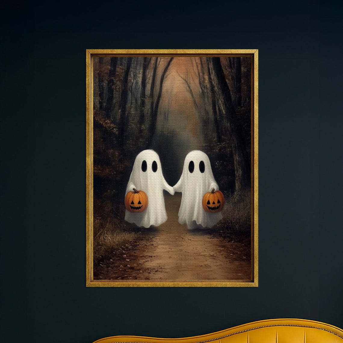 Two Cute Ghosts Holding Jack o Lanterns on Dark Forest Path Wall Art