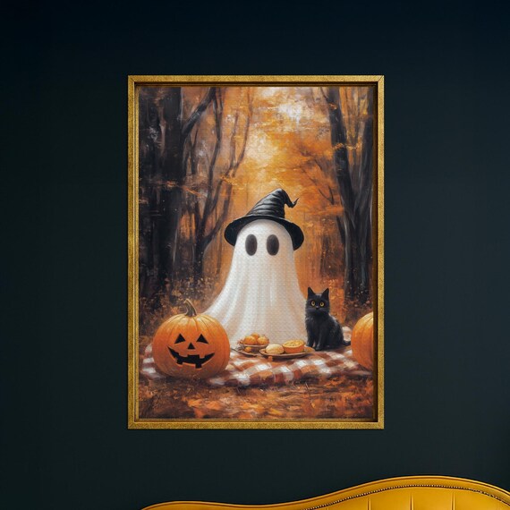 Picnic With Cat And Pumpkins Halloween Wall Art