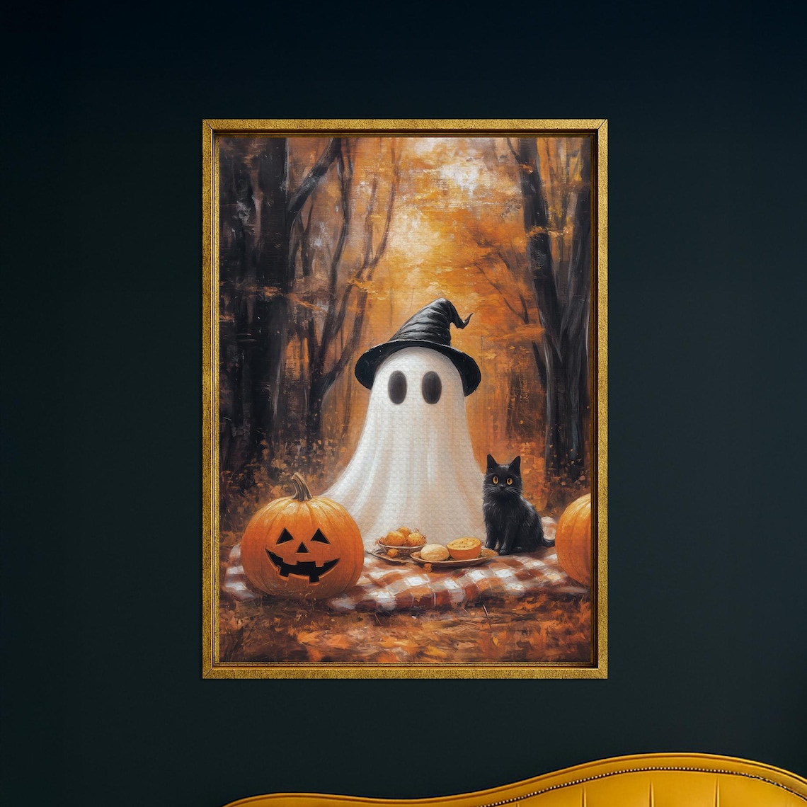 Ghost Picnic with Black Cat and Jack o Lantern in Autumn Forest Wall Art