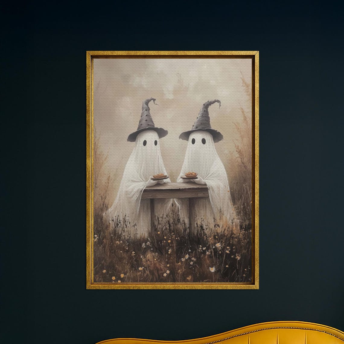 Two Ghost Friends Sharing Pie at Table Cute Halloween Poster