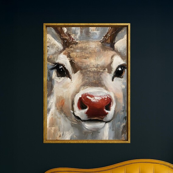 Rudolph Reindeer Red Nose Close Up Christmas Animal Painting Poster
