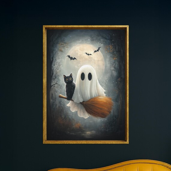 And Black Cat On Broomstick Canvas Wall Art Spooky Bats Halloween Decor