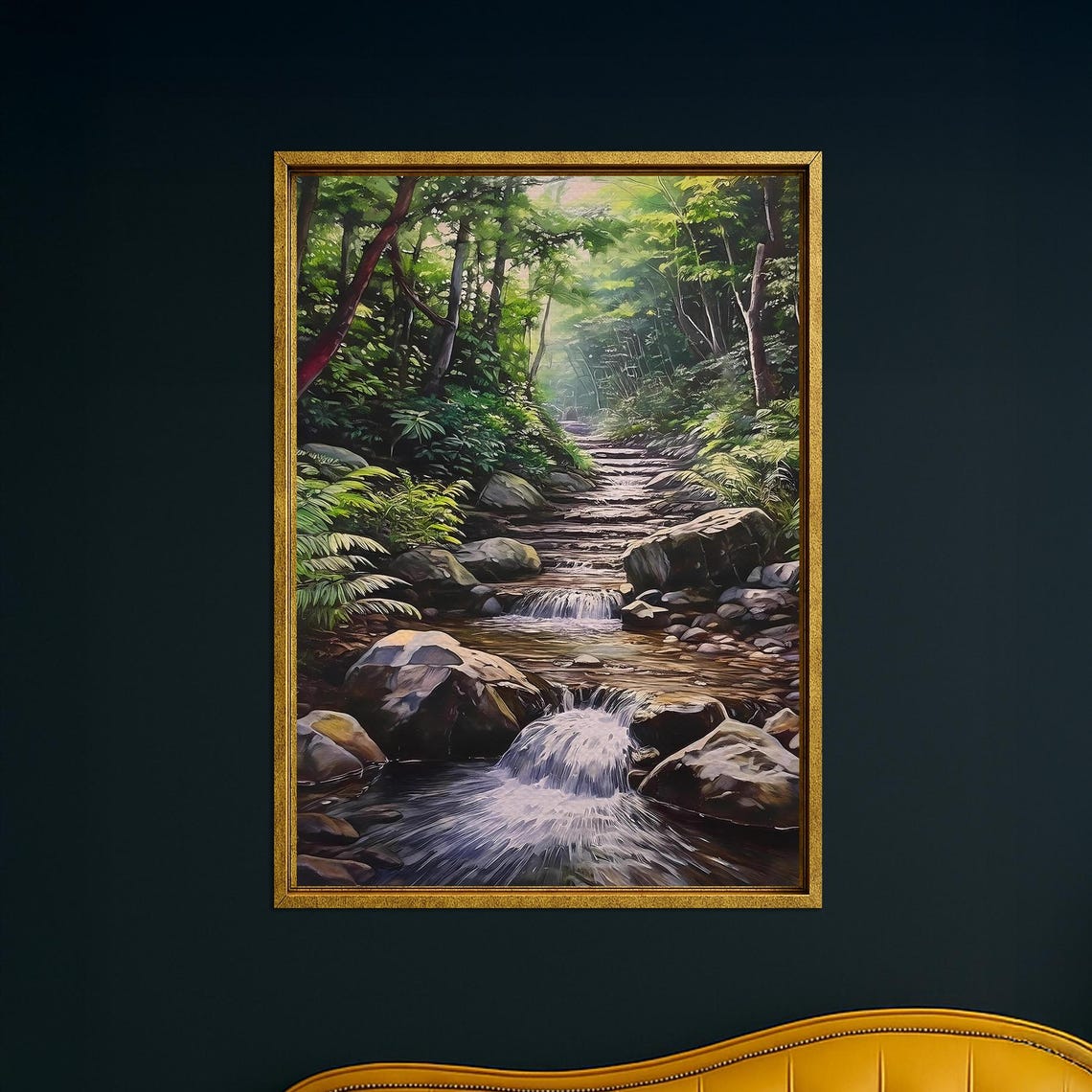 Forest Stream Waterfall Tranquil Nature Landscape Painting Poster