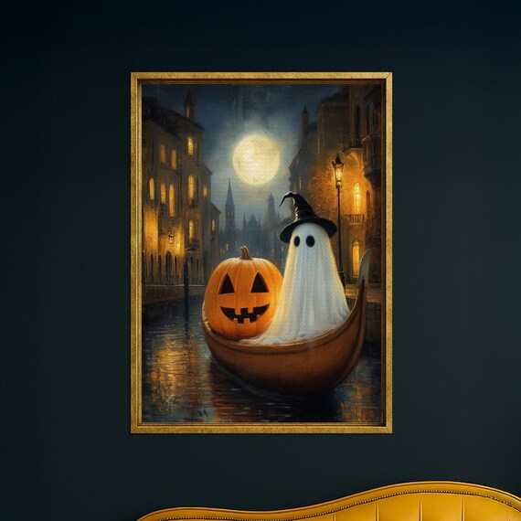 Halloween Pumpkin Gondola Framed Canvas Wall Art Spooky Venice Night Decor With Full Moon