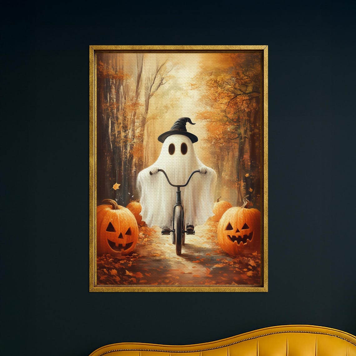 Cute Ghost Riding Bicycle Halloween Autumn Forest Pumpkin Night Poster