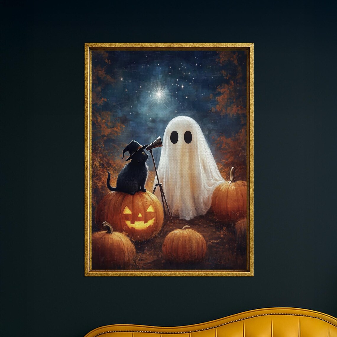 And Black Cat Stargazing Canvas Wall Art Spooky Pumpkin Halloween Decor