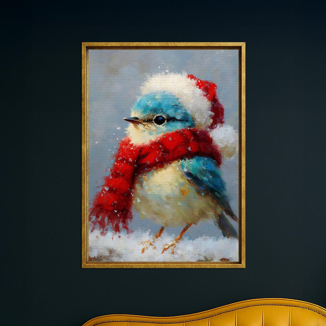 Cute Blue Bird In Santa Hat And Scarf Snowy Christmas Bird Poster
