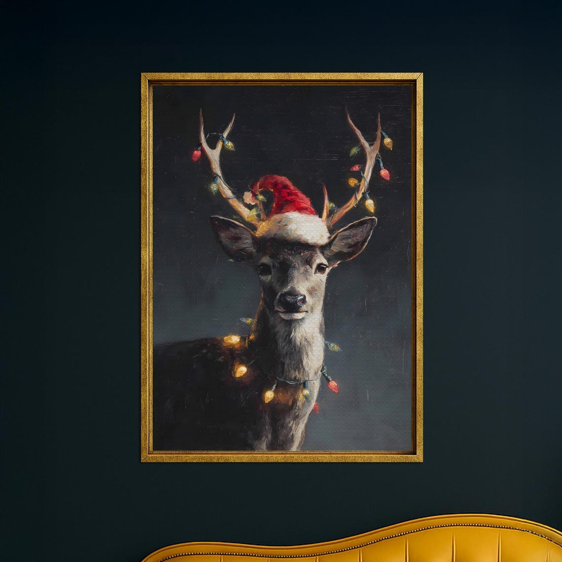 Reindeer Santa Hat Christmas Lights Dark Moody Portrait Poster