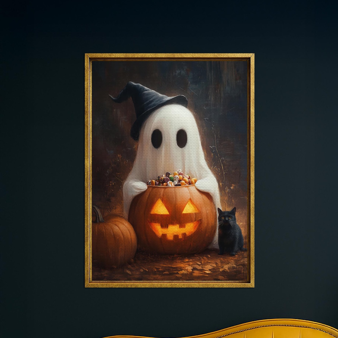 Cute Ghost with Witch Hat Candy Pumpkin and Black Cat Halloween Wall Art
