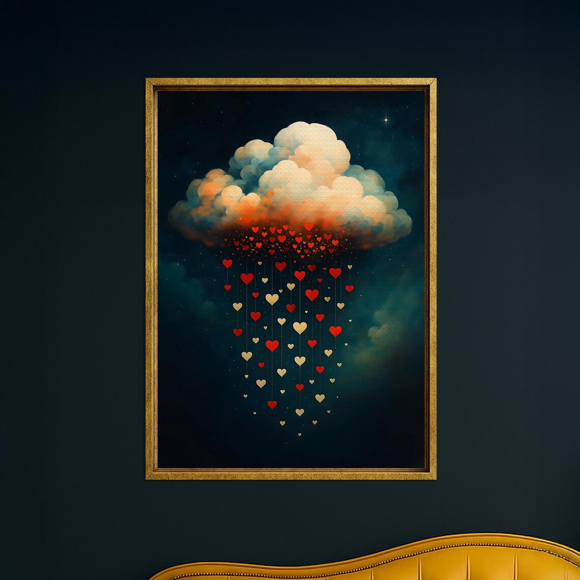 Cloud Raining Hearts Surreal Romantic Love Night Sky Art Poster