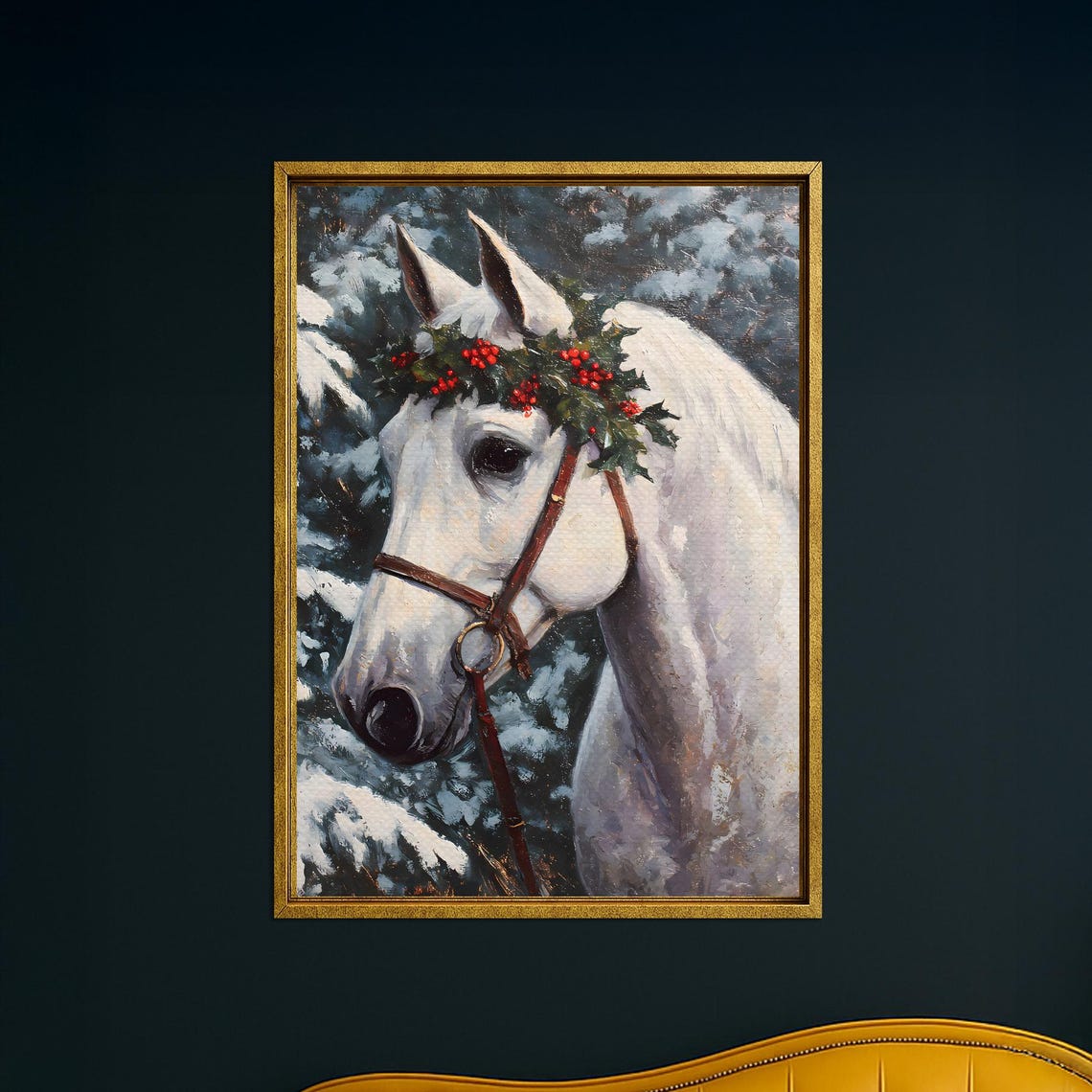 White Horse Holly Wreath Winter Snowy Farmhouse Portrait Poster