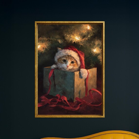 Cute Kitten In Santa Hat Peeking From Christmas Gift Box Poster