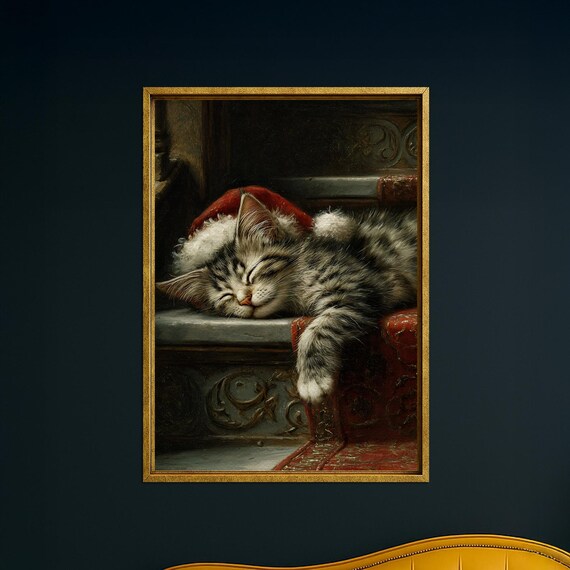 Sleeping Kitten in Santa Hat Vintage Christmas Cat Painting Poster