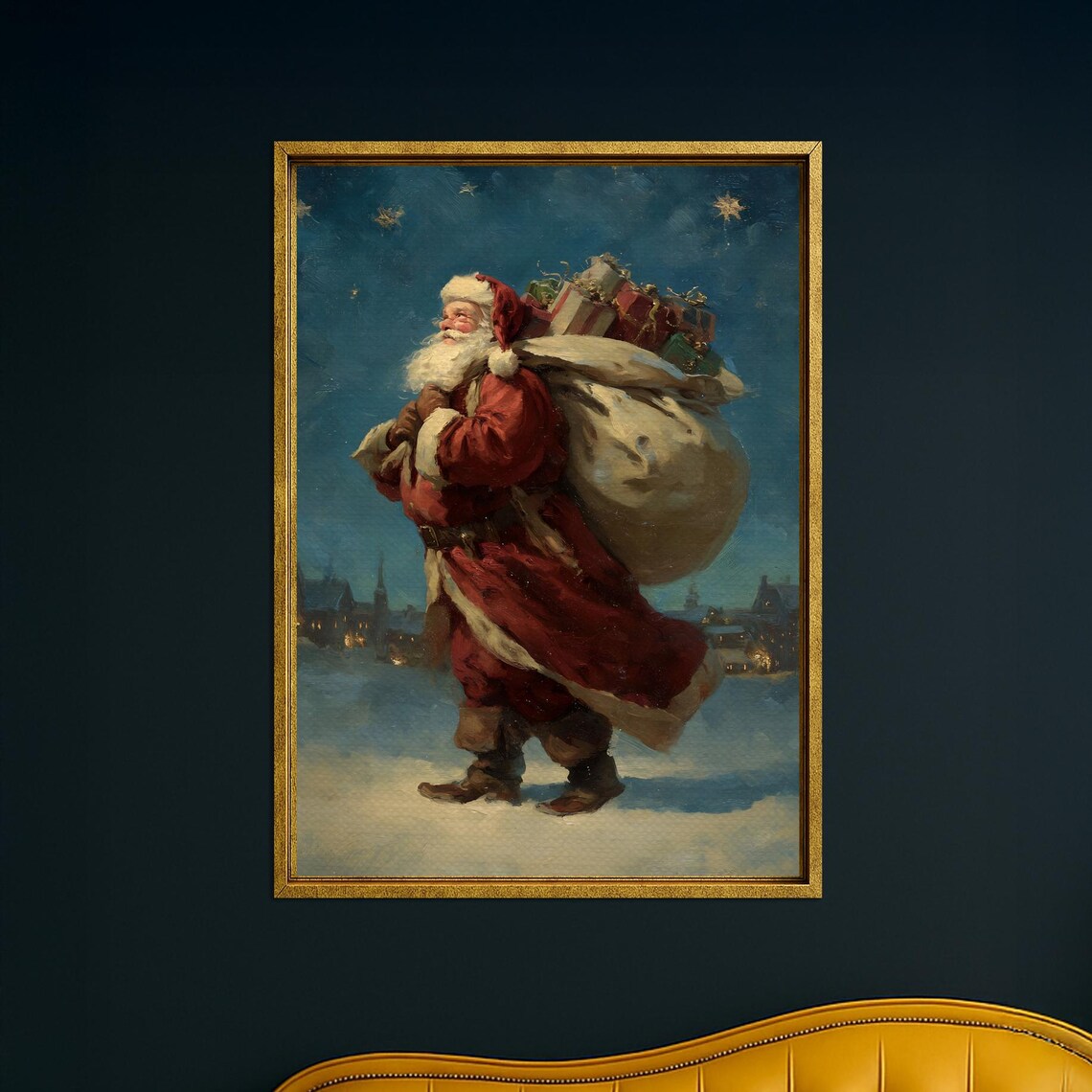 Santa Walking in Snow Vintage Night Christmas Gift Painting Poster