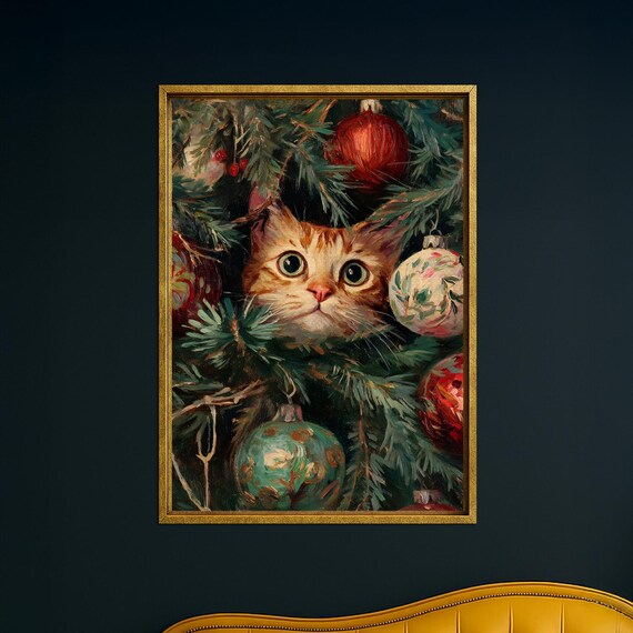 Christmas Cat Framed Canvas Wall Art Funny Holiday Kitty In Tree Cute Festive Pet Decor For Cozy Winter Home And Lover Gifts