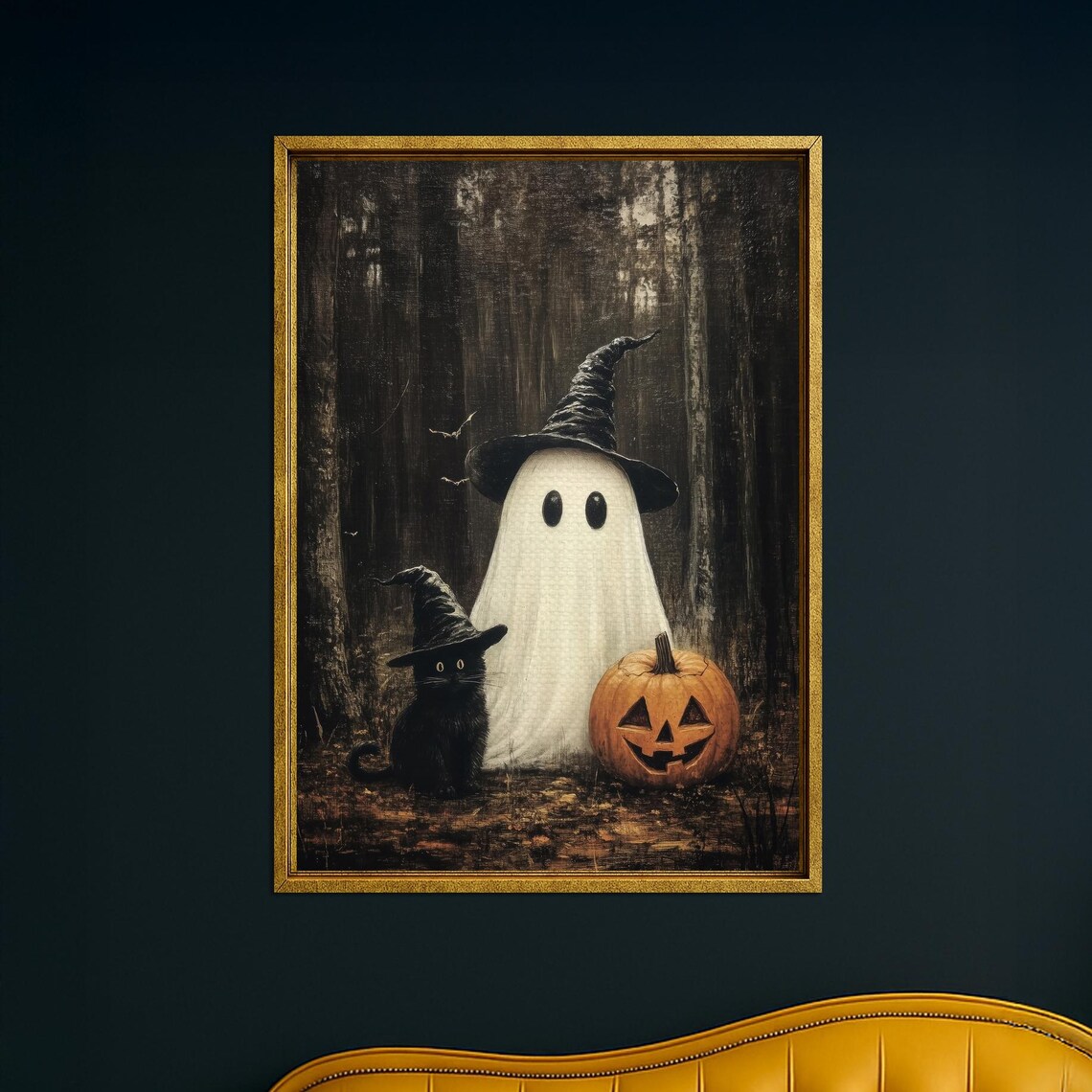 And Black Cat Canvas Wall Art Spooky Pumpkin Dark Forest Halloween Decor