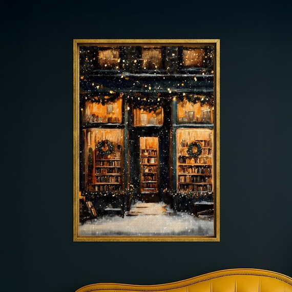 Cozy Glowing Christmas Bookstore Storefront At Night In Snow Poster