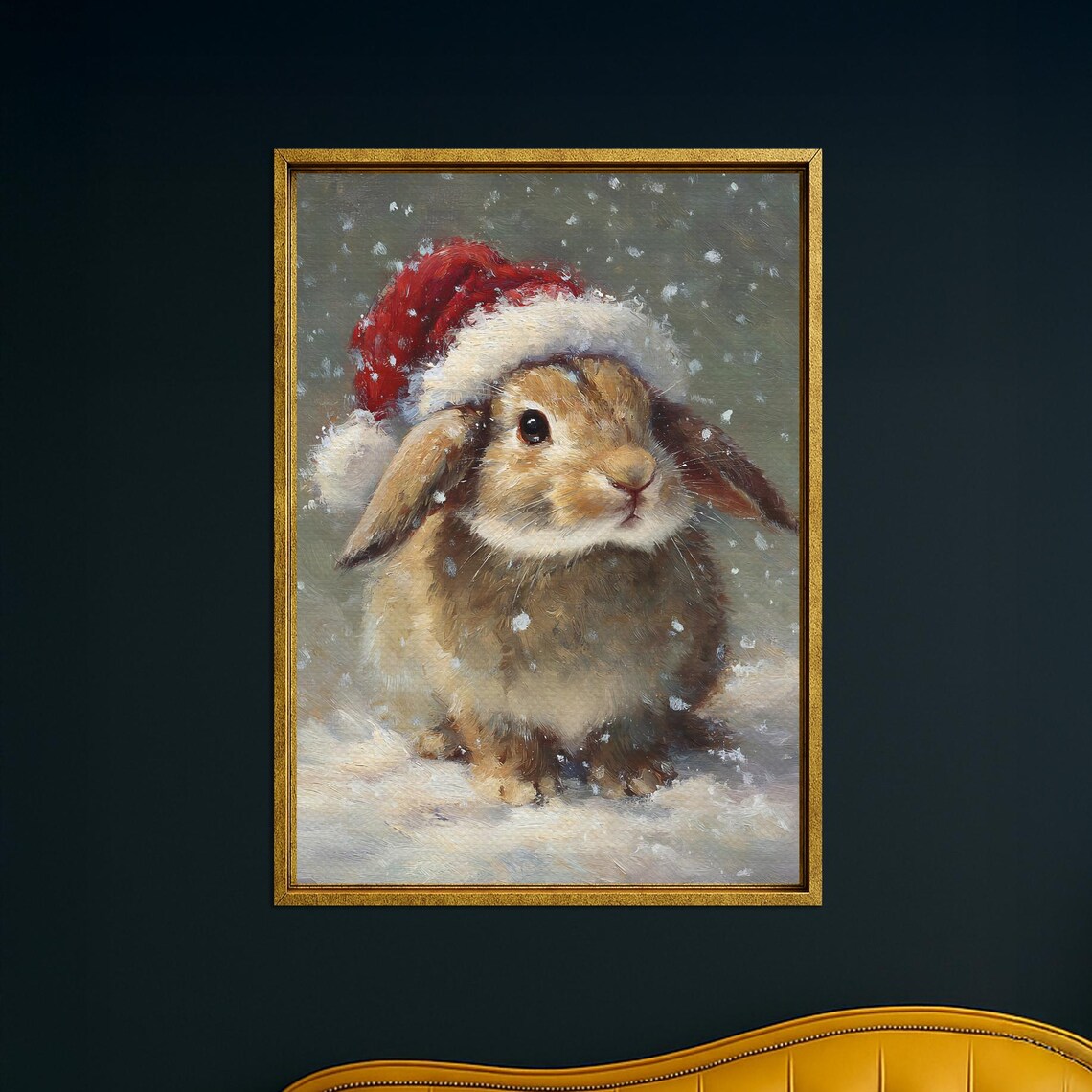 Cute Bunny In Santa Hat Snowy Oil Painting Christmas Animal Poster