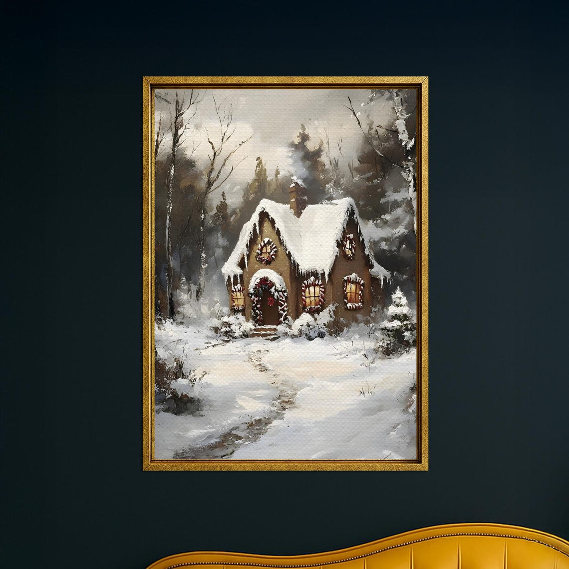 Snowy Christmas Cottage Glowing Windows Winter Night Art Poster