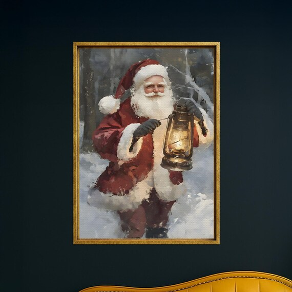 Santa Claus With Lantern Snowy Forest Night Vintage Christmas Poster