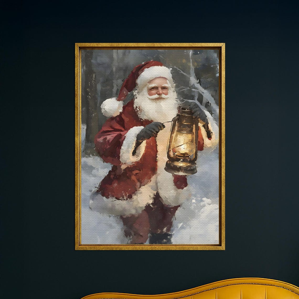 Santa Claus With Lantern Snowy Forest Night Vintage Christmas Poster