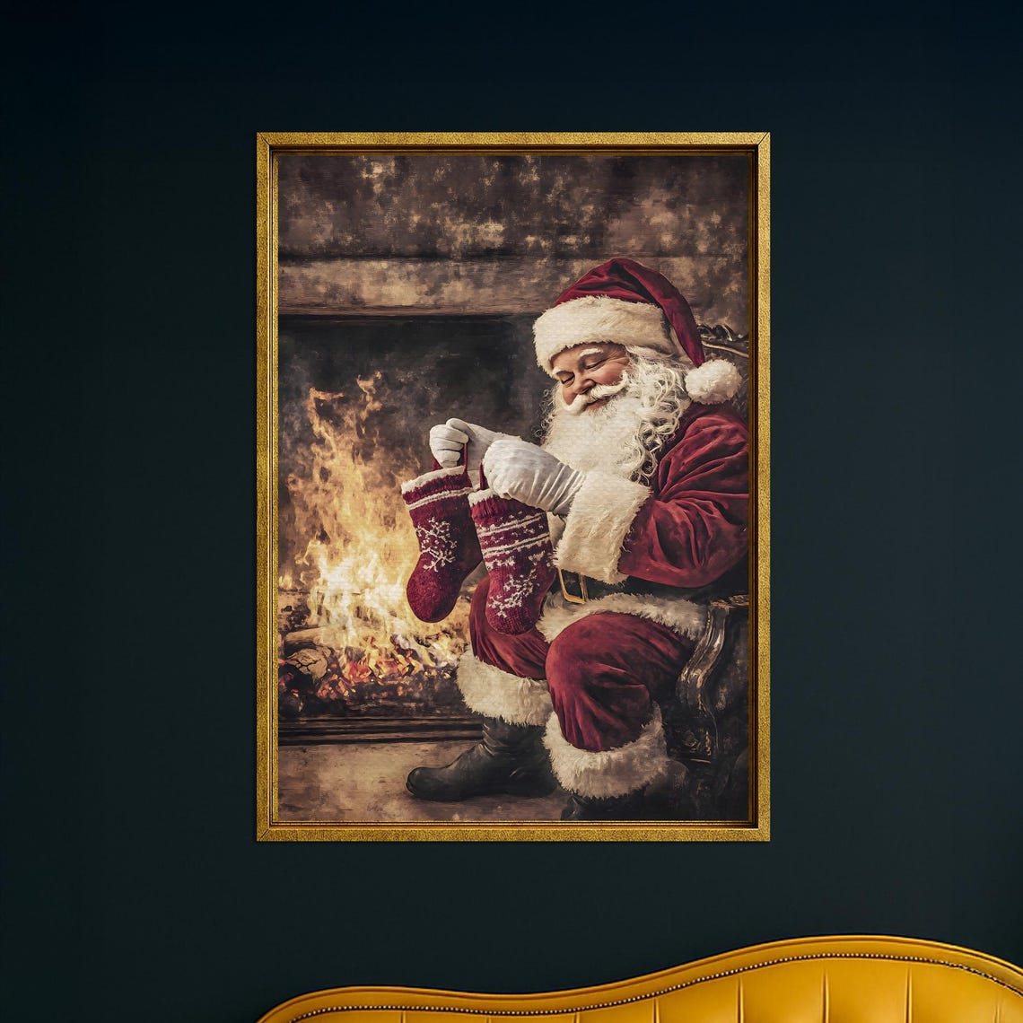 Santa By Fireplace Holding Stockings Cozy Vintage Christmas Poster