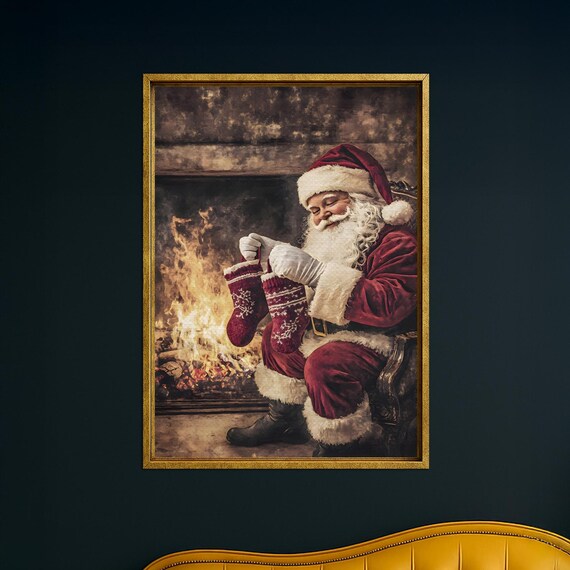 Santa By Fireplace Holding Stockings Cozy Vintage Christmas Poster