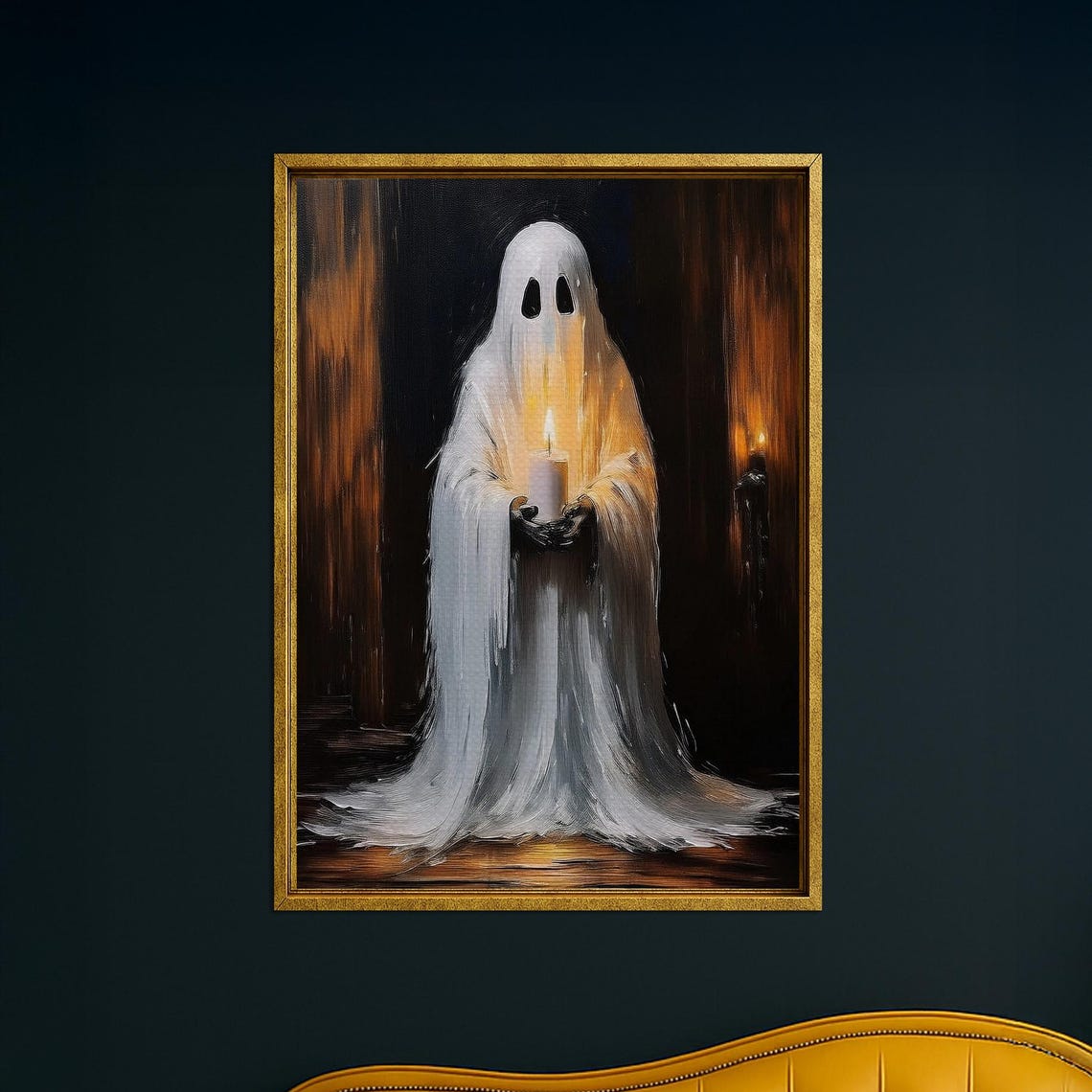 Ghost Holding Lit Candle In Dark Room Haunting Glow Halloween Wall Art