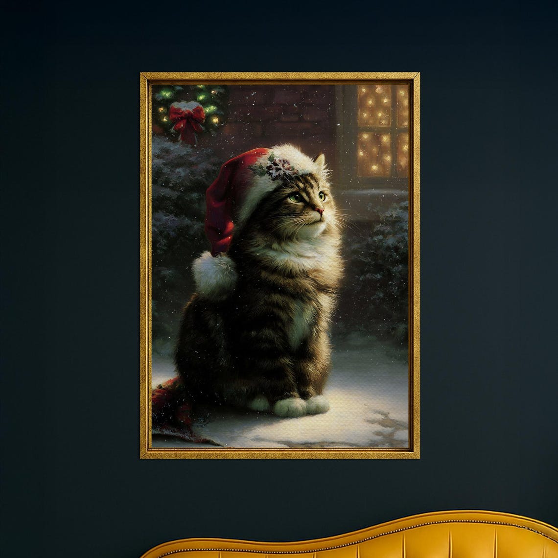 Long Haired Cat In Santa Hat Snowy Night Christmas Kitty Poster