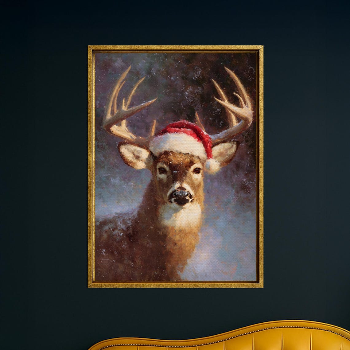 Deer In Santa Hat Snowy Christmas Stag Portrait Holiday Poster
