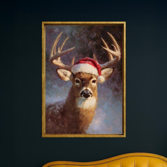 Deer In Santa Hat Snowy Christmas Stag Portrait Holiday Poster