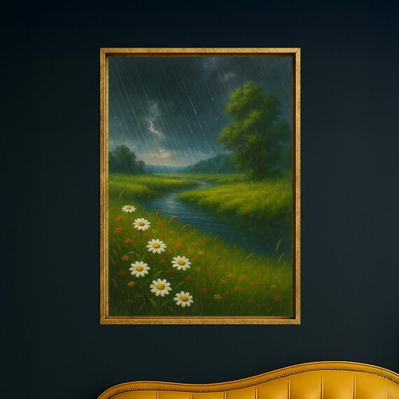 Rainy Meadow Daisies Stormy Sky Stream Wildflower Landscape Poster
