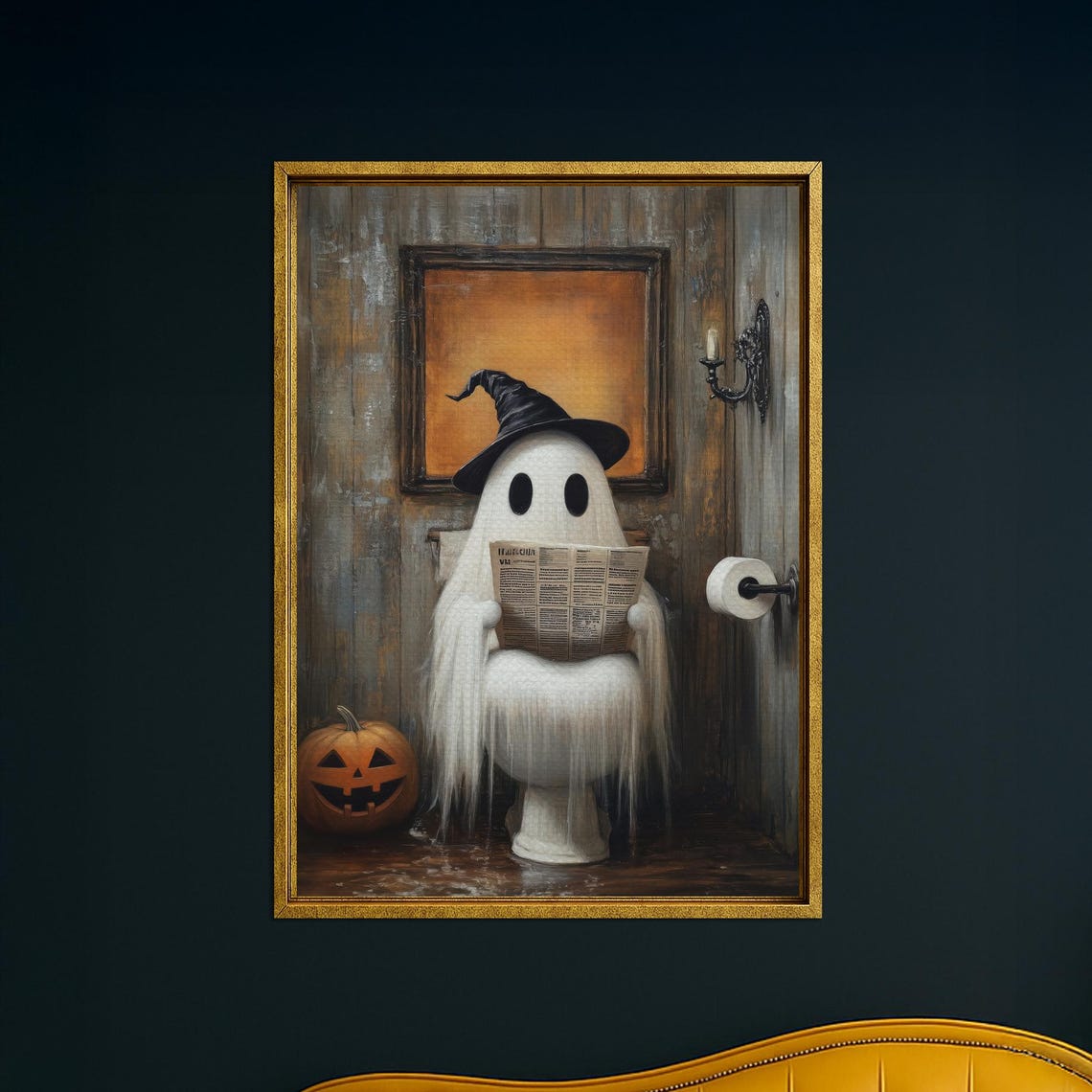 Funny Ghost On Toilet Reading Newspaper Spooky Halloween Wall Art