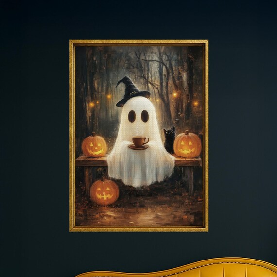 With Coffee And Cat Canvas Wall Art Spooky Pumpkin Halloween Decor
