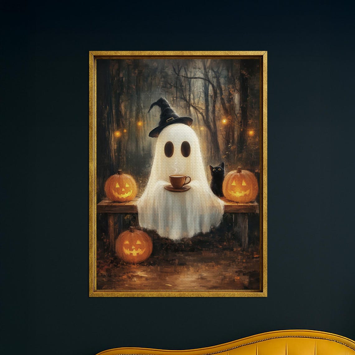 Cozy Ghost With Coffee Cup Pumpkins And Black Cat Halloween Wall Art